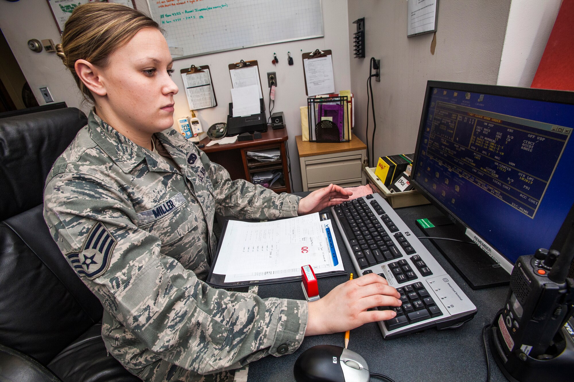 Staff Sgt. Danielle Miller, enters a work order at the 108th Wing Vehicle Management Section, New Jersey Air National Guard, Joint Base McGuire-Dix-Lakehurst, N.J., Jan. 10, 2015. Miller is a vehicle management and analysis technician assigned to Vehicle Maintenance, which is part of the 108th Logistics Readiness Squadron. (U.S. Air National Guard photo by Master Sgt. Mark C. Olsen/Released)