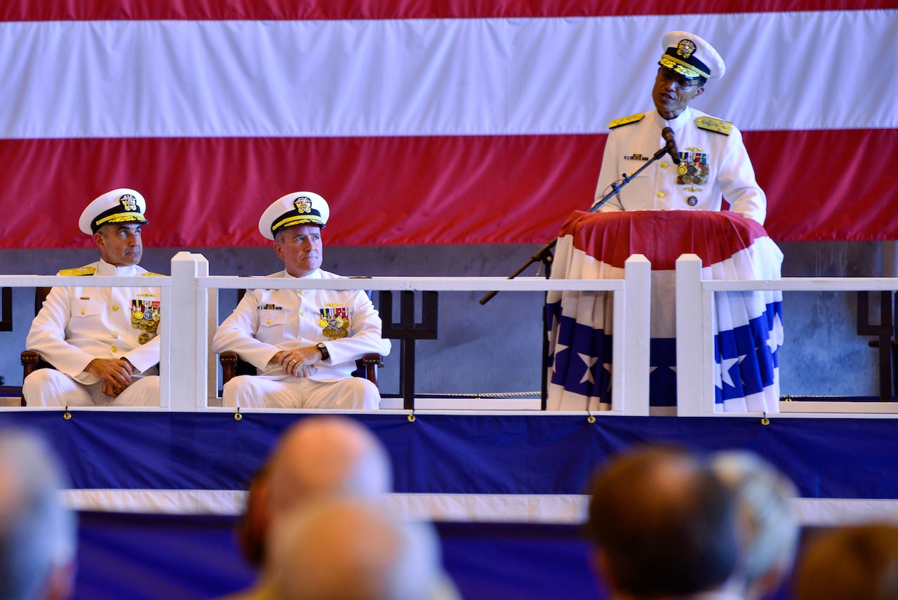 Adm. Cecil D. Haney, commander of U.S. Strategic Command, addresses guests as Rear Adm. Chas Richard, commander, Submarine Group 10, (left) and Vice Adm. Michael Connor, commander, Submarine Forces, look on at the 4000th Strategic Deterrent Patrol Commemoration Ceremony at Naval Submarine Base, Kings Bay in Georgia. The ceremony marked the milestone of the ballistic-missile submarine conducting 4,000 successful patrol periods since the first patrol of the USS George Washington in 1961. U.S. Navy photo by Mass Communication Specialist 1st Class Rex Nelson