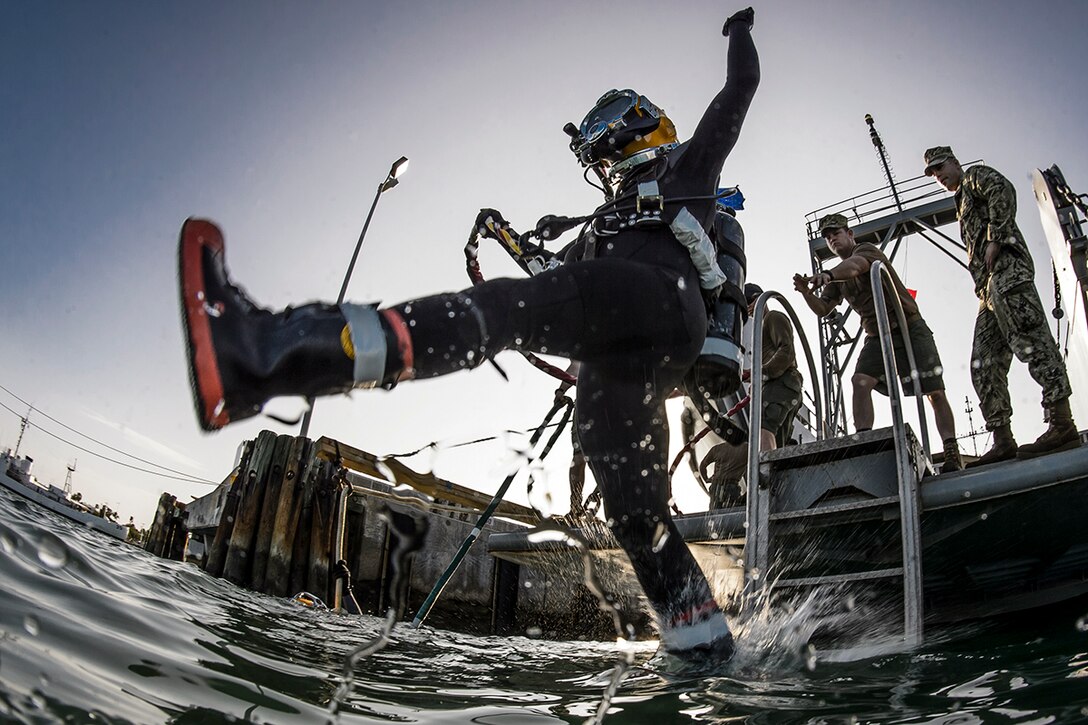 A Navy seabee diver performs a front step water entry during diver training on Naval Air Station Key West, Fla. Jan. 13, 2015. The diver training is a two-week, joint training evolution between the Underwater Construction Team One and the Underwater Construction Team Two.