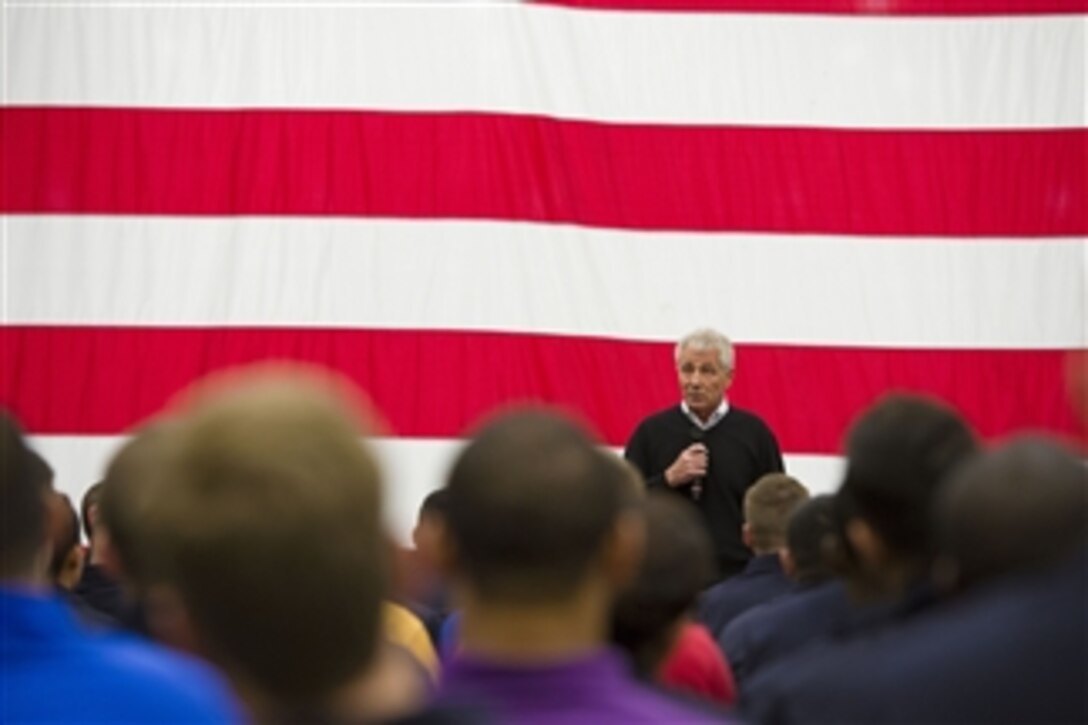 Defense Secretary Chuck Hagel speaks to sailors aboard the USS America in San Diego, Jan. 14, 2015. Hagel is visiting members of all four service branches to thank them for their service during his last official domestic trip. 