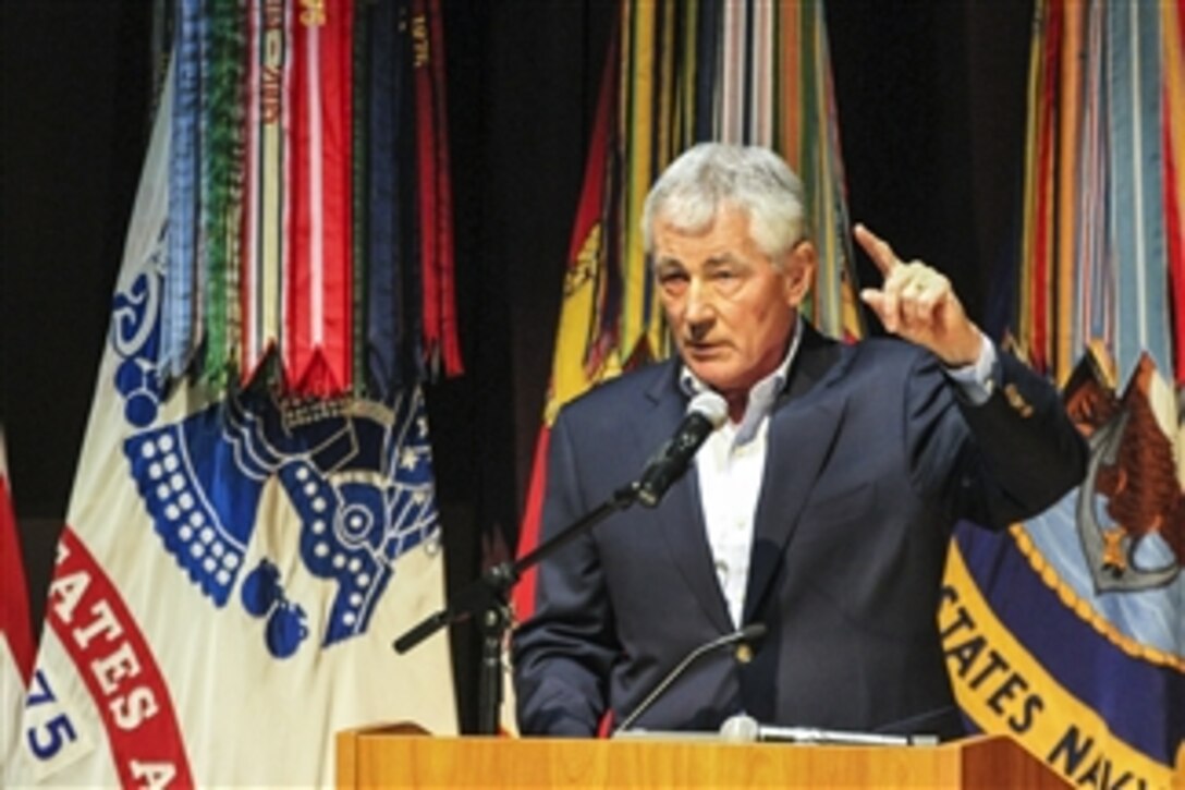 Defense Secretary Chuck Hagel speaks to academy students and faculty at the U.S. Army Sergeants Major Academy on Fort Bliss, Texas, Jan. 15, 2015. Hagel, who graduated from basic and advanced individual training on the base 47 years ago, is on the final leg of a tour to thank troops and say farewell.