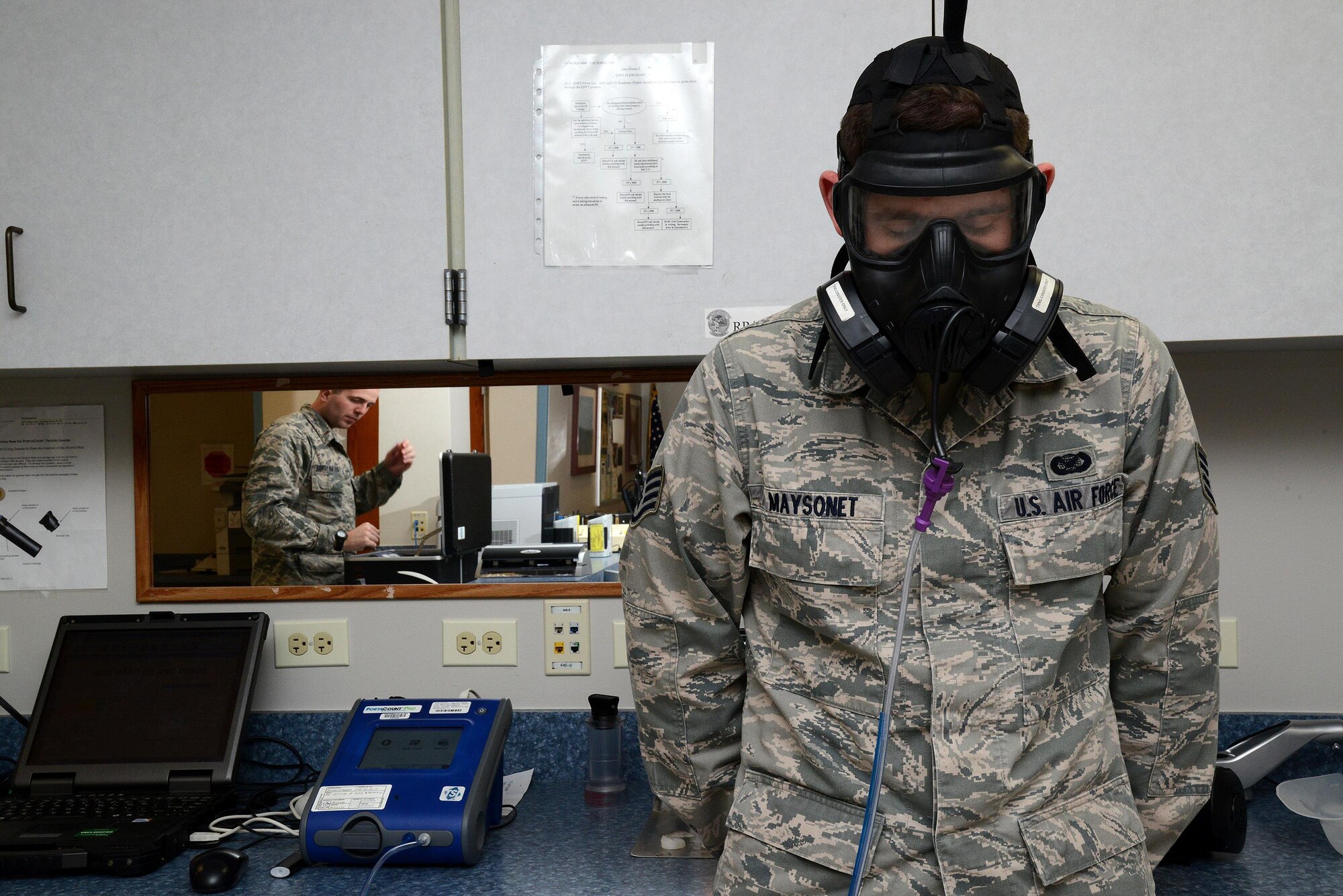 Staff Sgt. Nathan Maysonet, 47th Flying Training Wing public affairs photojournalist, completes his fit test for the M50 chemical protective mask at the 47th Medical Operations Squadron Bioenvironmental Engineering office on Laughlin Air Force Base, Texas, Jan. 12, 2015. The fit test requires the user to don their own mask and perform a series of exercises that simulate typical activities to ensure the mask fits properly and provides a good seal. (U.S. Air Force photo by Airman 1st Class Ariel D. Delgado)