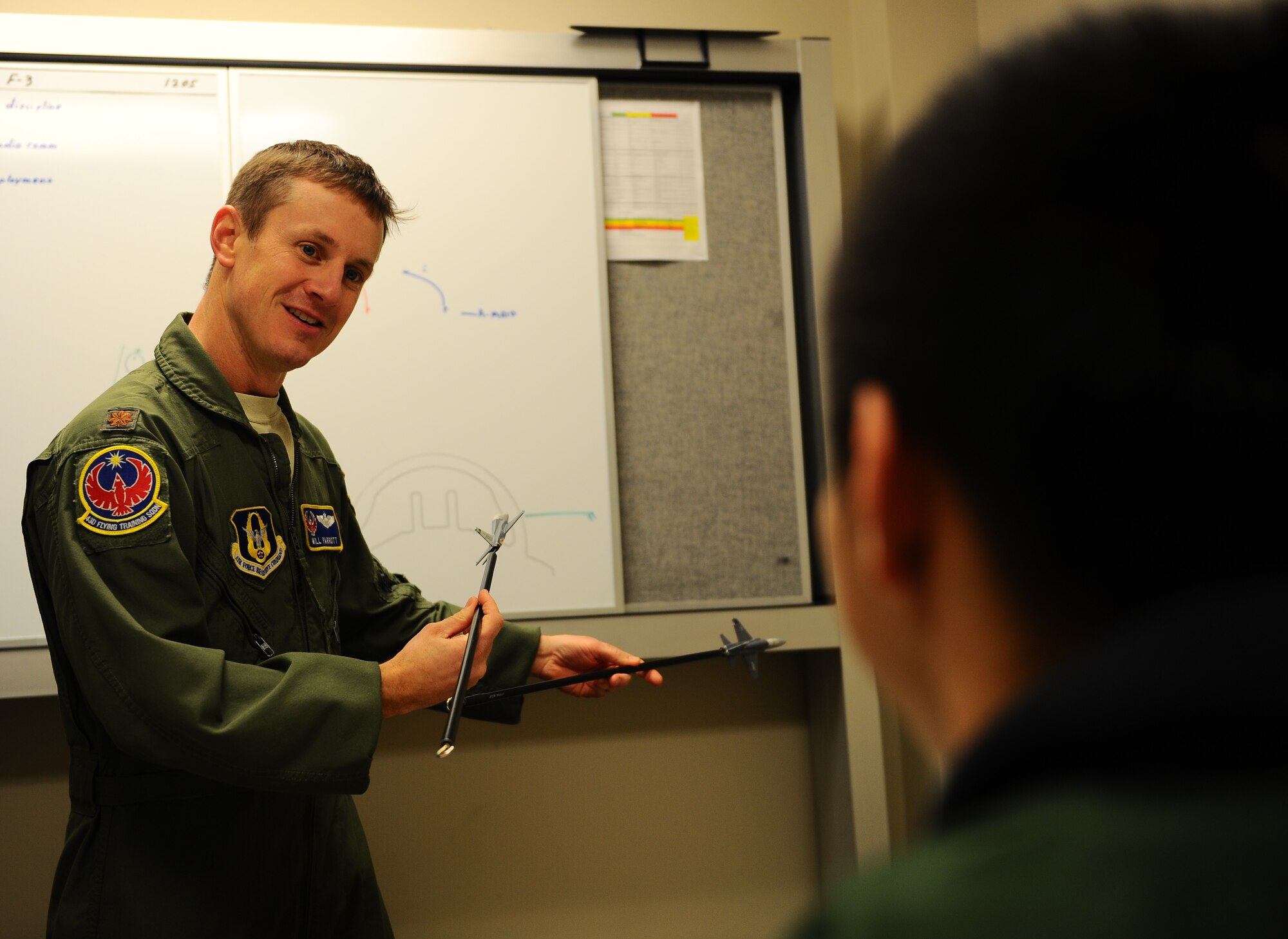 Maj. William Parrott, 43rd Flying Training Squadron Assistant Flight Commander, explains air to air maneuvers with a student pilot Jan. 13 at the 49th Fighting Training squadron on Columbus Air Force Base, Mississippi. Parrott, a reservist, contributed to a flight with Secretary of the Air Force Deborah Lee James like he and his entire reserve unit contributes to the Air Force mission every day. (U.S. Air Force photo/Airman Daniel Lile)