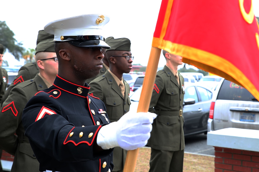 Pfc. Myron L. Kimble, honor graduate of platoon 2005, awaits graduation at Marine Corps Recruit Depot Parris Island, S.C., Jan. 16, 2015. Kimble, a Memphis, Tenn. native, was recruited by Staff Sgt Daniel J. Speal, a recruiter from Recruiting Substation Memphis, Recruiting Station Nashville. Recruit training signifies the transformation of a civilian to a United States Marine. Upon graduation, the newly-minted Marines will receive ten days of leave before attending the School of Infantry East, Camp Geiger, N.C. The Marine will be trained in basic infantry skills to ensure Marines are combat-ready. (Official Marine Corps photo by Cpl. John-Paul Imbody)