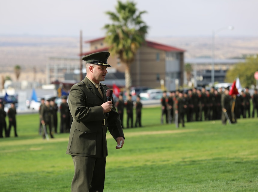 Lt. Col. Seth E. Yost, former battalion commander, 1st battalion, 7th Marine Regiment, a native of Wellsboro, Pa., addresses the guests during the 1/7 change of command ceremony at Lance Cpl. Torrey L. Gray Field, Dec. 4, 2014. Yost thanked his family and battalion for making his service to the battalion a memorable one. (Official Marine Corps photo by Lance Cpl. Medina Ayala-Lo/Released)