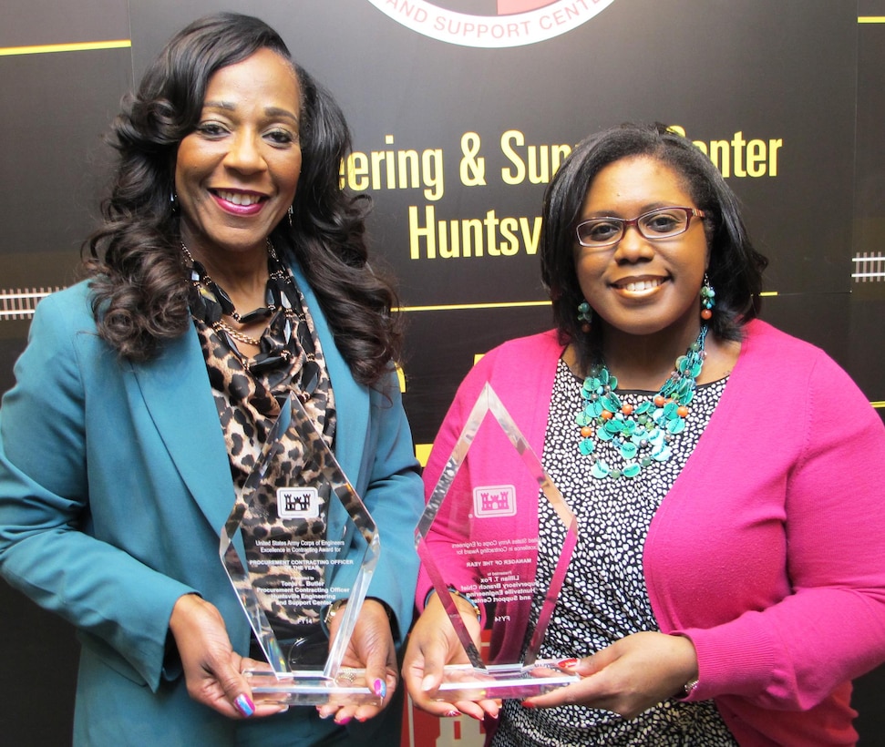 From left, Tonju Butler and Lillian Fox of Huntsville Center's Contracting Directorate recently earned recognition in the 2014 Headquarters, USACE Excellence in Contracting awards.