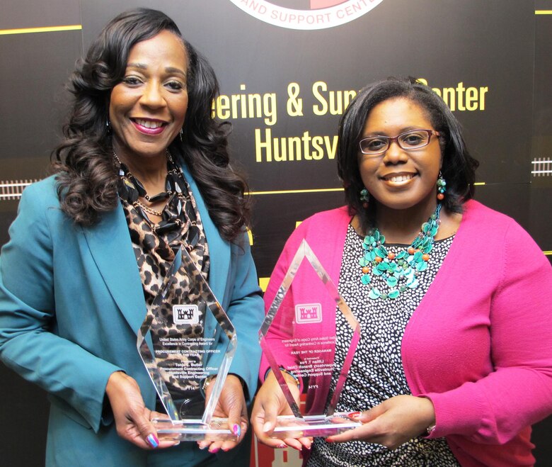 From left, Tonju Butler and Lillian Fox of Huntsville Center's Contracting Directorate recently earned recognition in the 2014 Headquarters, USACE Excellence in Contracting awards.
