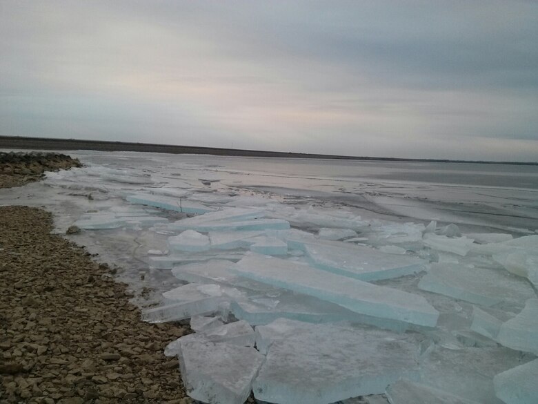 This photo of John Redmond Reservoir was taken January 14 and shows the ice pileups along the shoreline of the lake. The Kansas Area Office is asking visitors to Corps lakes to be aware of the cold water and dress for the water temperature instead of the air temperature.