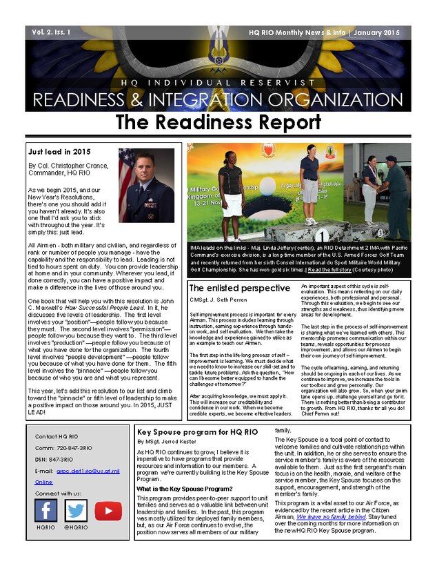 The Readiness Report is the official newsletter of Headquarters Individual Reservist Readiness and Integration Organization.
