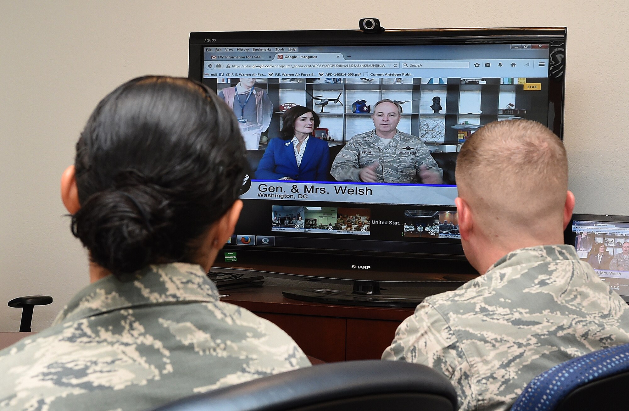 Air Force Chief of Staff Gen. Mark Welsh and his wife hosted a Google+ Hangout Jan. 16, 2015, with Airmen from around the Air Force. Mighty Ninety Airmen participated by asking various questions to include inquiring about the state of the Air Force and the nuclear mission. (U.S. Air Force photo/R.J. Oriez)
