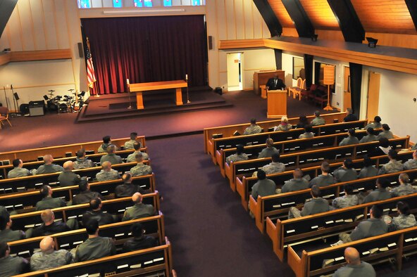 Team Fairchild members listen as Rev. Percy “Happy” Watkins recites the speech “I have a dream” by Dr. Martin Luther King Jr. Jan. 14, 2015 at Fairchild Air Force Base, Wash. Watkins is a local reverend in Spokane, Wash., and was stationed at Fairchild decades ago when he was in the Air Force. (U.S. Air Force photo/Staff Sgt. Veronica Montes)