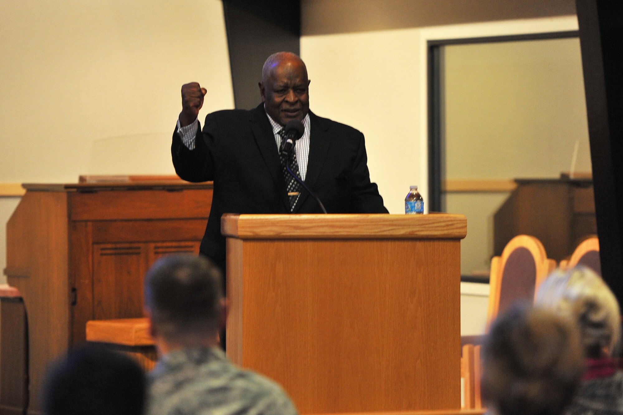 Rev. Percy “Happy” Watkins recites the “I have a dream” speech by Dr. Martin Luther King Jr. in honor of King’s birthday Jan. 14, 2015, at Fairchild Air Force Base, Wash.  Prior to Watkins’ speech, the attendees conducted a march in honor of King. Roughly 100 people came out to support the march and the observance. (U.S. Air Force photo/Staff Sgt. Veronica Montes)
