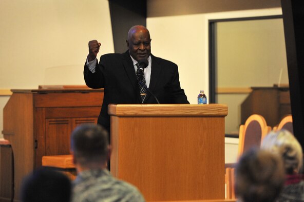 Rev. Percy “Happy” Watkins recites the “I have a dream” speech by Dr. Martin Luther King Jr. in honor of King’s birthday Jan. 14, 2015, at Fairchild Air Force Base, Wash.  Prior to Watkins’ speech, the attendees conducted a march in honor of King. Roughly 100 people came out to support the march and the observance. (U.S. Air Force photo/Staff Sgt. Veronica Montes)