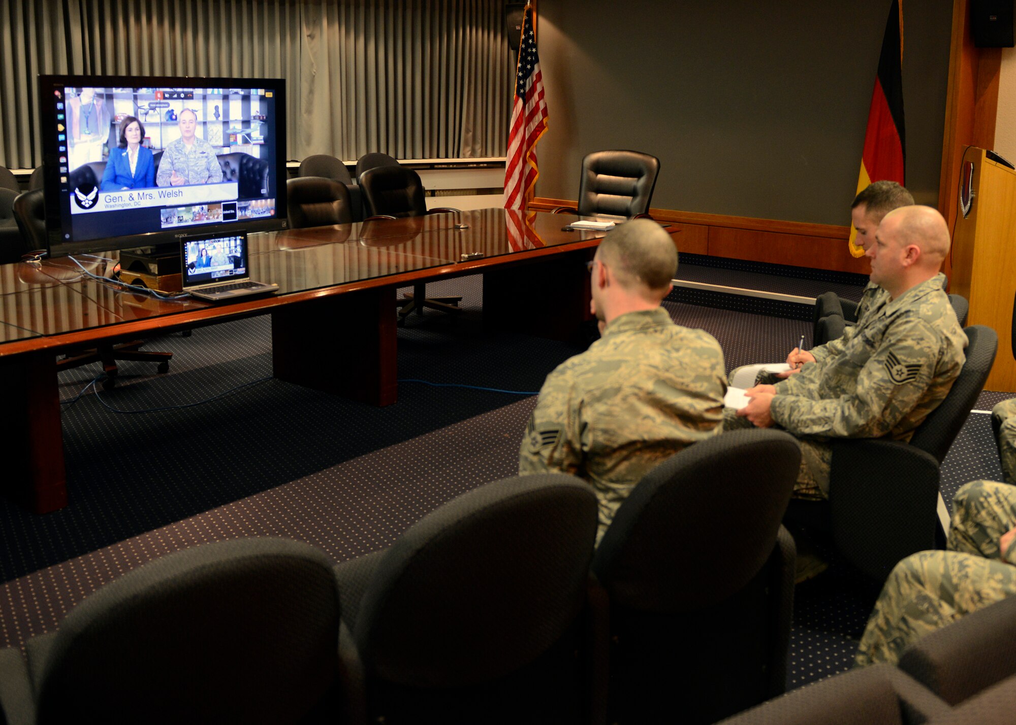 Airmen from Ramstein Air Base, Germany ask the Chief of Staff of the Air Force, Gen. Mark A. Welsh III, questions during a video conference Jan. 16, 2015. The General also fielded questions from Airmen at Joint Base San Antonio-Lackland, Texas; U.S. Air Force Academy, Colorado; F.E. Warren Air Force Base, Wyoming; Joint Base Elmendorf-Richardson, Alaska, and Al Udeid Air Base, Qatar. (U.S. Air Force photo/Staff Sgt. Kris Levasseur)  