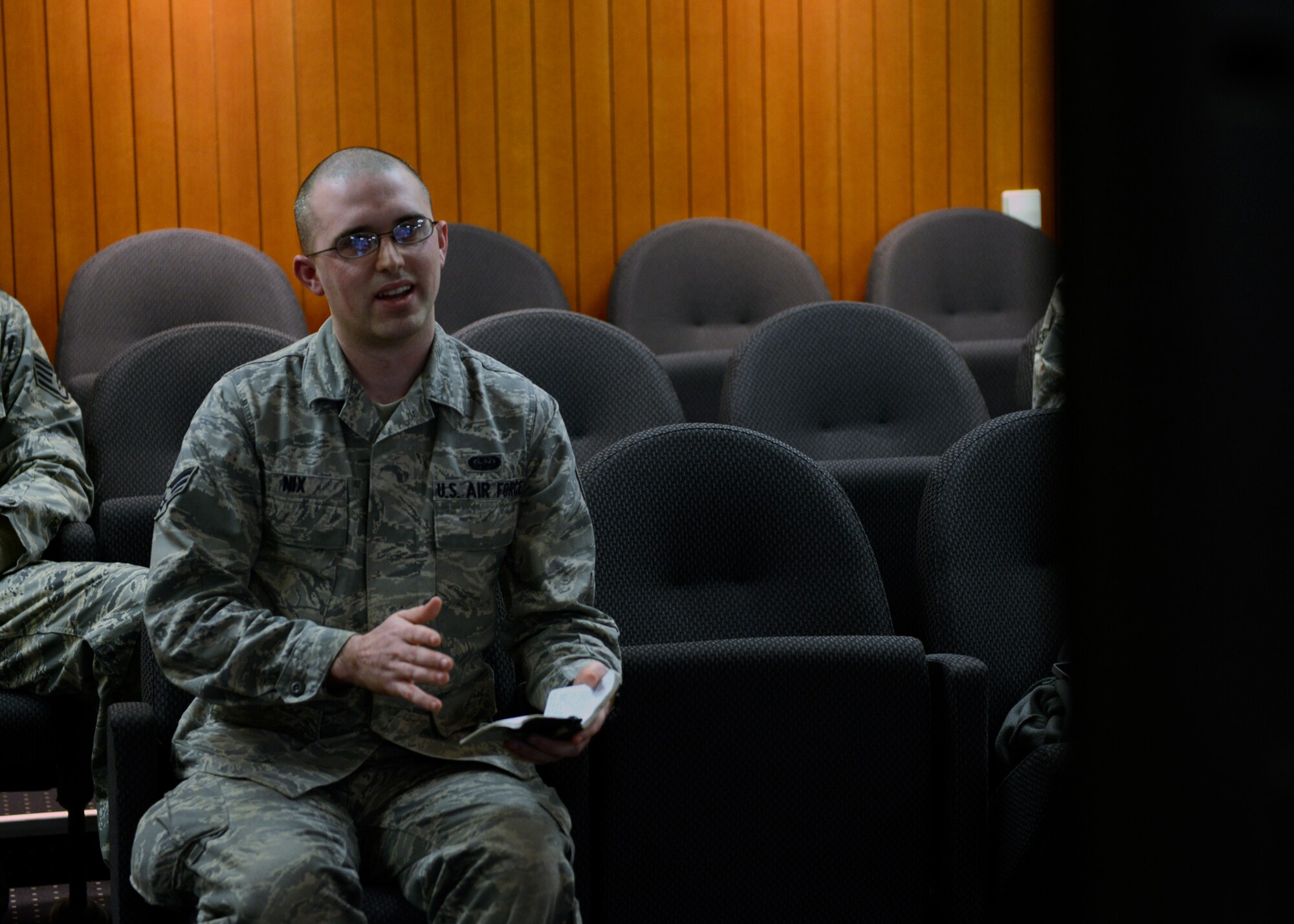 Senior Airman Billy Nix Jr., 1st Air and Space Communications Operations Squadron, asks the Chief of Staff of the Air Force, Gen. Mark A. Welsh III, a question during a video conference Jan. 16, 2015, Ramstein Air Base, Germany. Nix was joined by five other Airmen from various commands at Ramstein to have the opportunity to discuss their questions and concerns in open conversation with the General. (U.S. Air Force photo/Staff Sgt. Kris Levasseur)