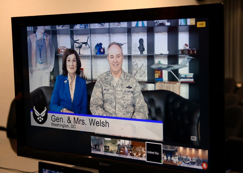 Gen. Mark A. Welsh III, Chief of Staff of the Air Force, and his wife, Betty, field a question from a Ramstein Airmen during a video conference Jan. 16, 2015. During the discussion, Airmen were allowed to ask candid questions, covering everything from their concerns to what the General thinks is in store for the Air Force’s future. (U.S. Air Force photo/Staff Sgt. Kris Levasseur)