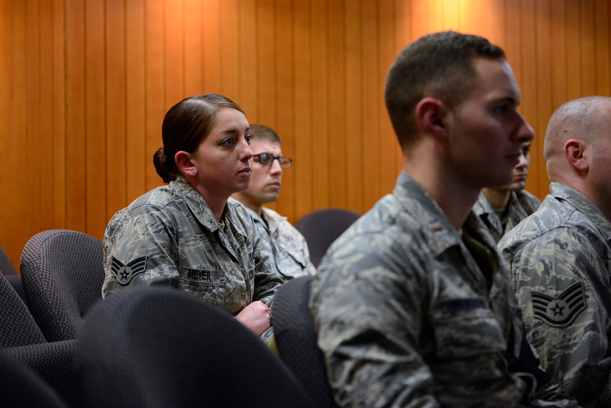 Senior Airman Lindsay Meyer, 721st Aerial Port Squadron asks the Chief of Staff of the Air Force, Gen. Mark A. Welsh III, and his wife, Betty, a question during a video conference Jan. 16, 2015, Ramstein Air Base, Germany. Airmen and spouses joined the video chat from Joint Base San Antonio-Lackland, Texas; U.S. Air Force Academy, Colorado; F.E. Warren Air Force Base, Wyoming; Joint Base Elmendorf-Richardson, Alaska, and Al Udeid Air Base, Qatar. (U.S. Air Force photo/Staff Sgt. Kris Levasseur)  