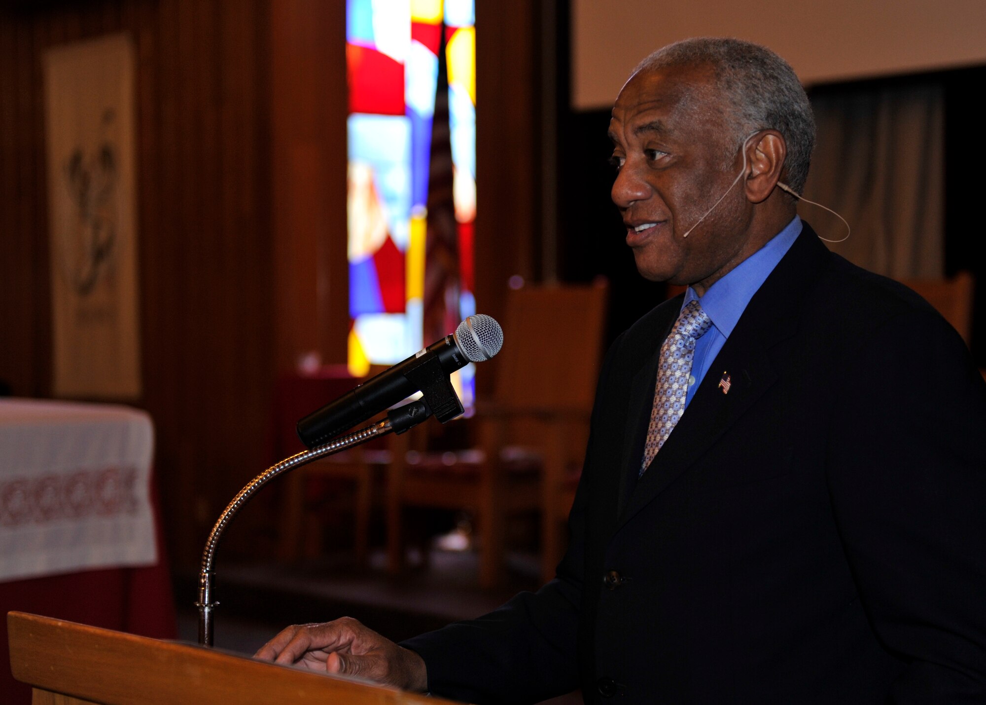 Floyd W. Newton, U.S. Air Force General retired, and his wife sit next to base leadership Jan. 15 at Tyndall’s Chapel 2 during the Martin Luther King Jr. commemoration service. The Tyndall Black Heritage Committee hosted a commemoration service for Martin Luther King Jr. and what he accomplished for civil rights. (U.S. Air Force photo by Airman 1st Class Sergio A. Gamboa/Released)