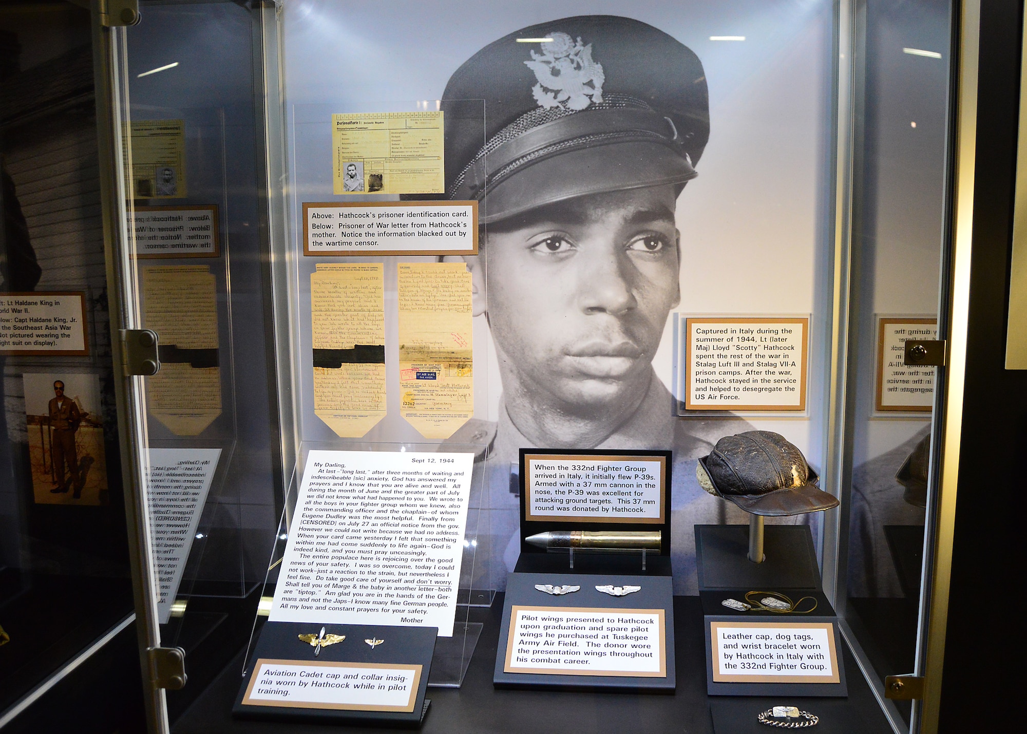 DAYTON, Ohio -- Lt. Hathcock items on display in the WWII Gallery at the National Museum of the U.S. Air Force. Captured in Italy during the summer of 1944, Lt. (later Maj.) Lloyd "Scotty" Hathcock spent the rest of the war in Stalag Luft III and Stalag VII-A prison camps. After the war, Hathcock stayed in the service and helped to desegregate the U.S. Air Force. (U.S. Air Force photo)
