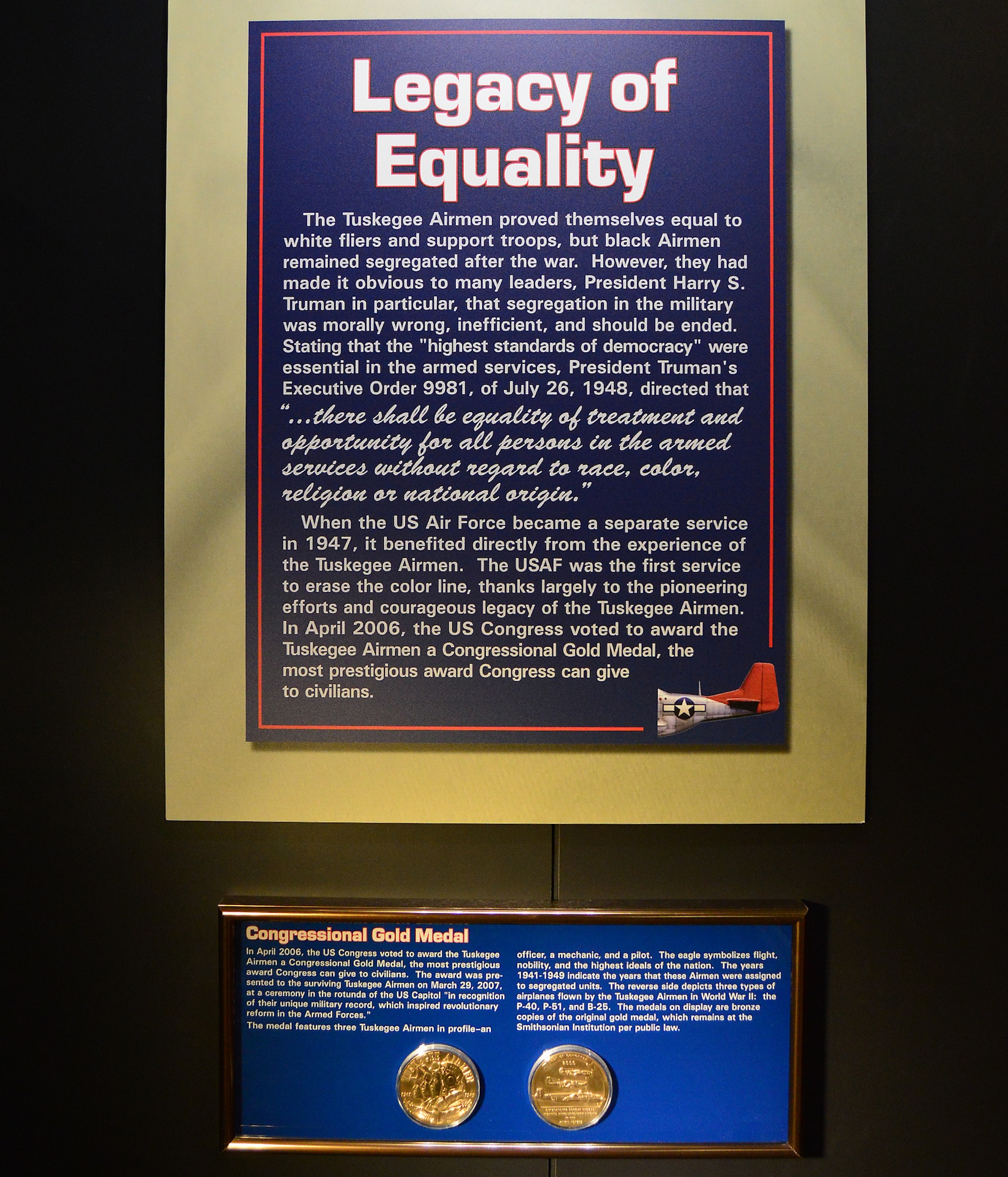 DAYTON, Ohio -- The Tuskegee Airmen Congressional Gold Medal display in the WWII Gallery at the National Museum of the U.S. Air Force. In April 2006, the U.S. Congress voted to award the Tuskegee Airmen a Congressional Gold Medal, the most prestigious award Congress can give to civilians. (U.S. Air Force photo)
