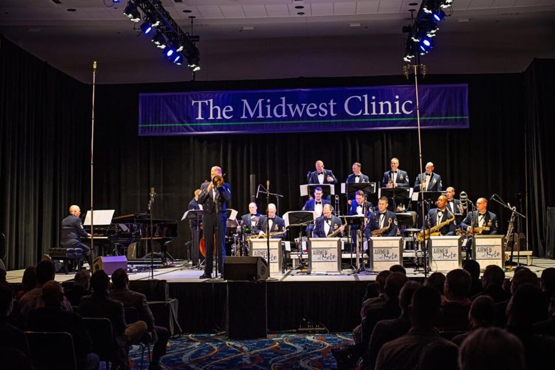 Technical Sergeant Kevin Cerovich takes a solo with the The Airmen of Note at their
performance at the Midwest Clinic in Chicago.  The band performed for music
professionals, educators, and students from across the country and also
participated in a publishers' big band reading session. (US Air Force Photo
/released)
