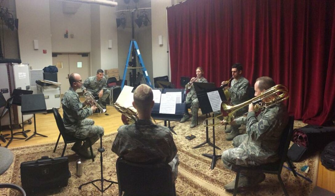 Brass Quintet "Blue 82" recorded recently for a new chamber music recording project
featuring instrumental groups from the Concert Band.  The Reed Quintet and
Woodwind Quintet also participated. (US Air Force Photo
/released)
