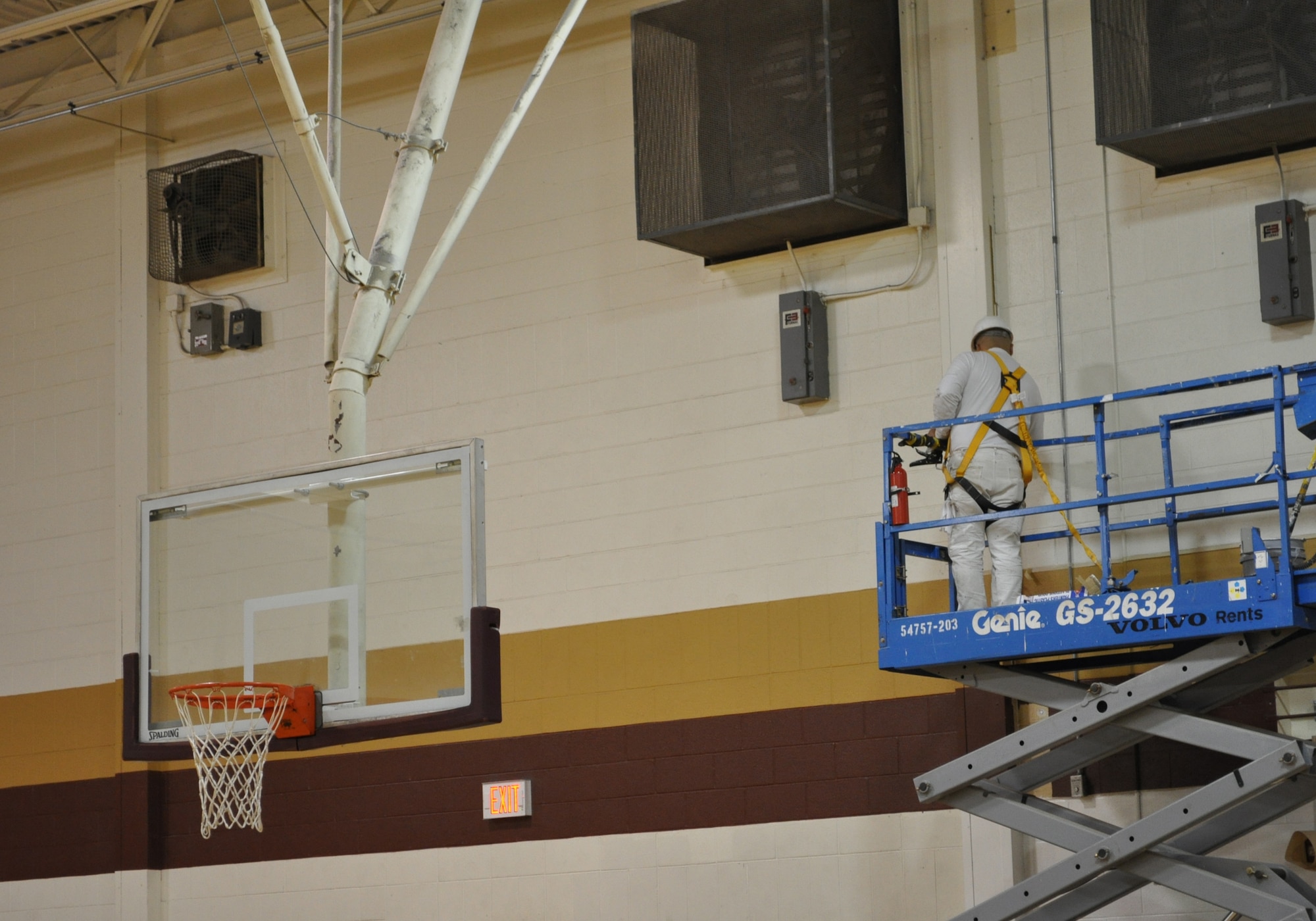 Work began Monday on renovations to the main basketball court of the Gerrity Fitness and Sports center. The court is getting a new surface, Air Force colors and logos and the entire gym will be painted.(Air Force photo by John Parker)