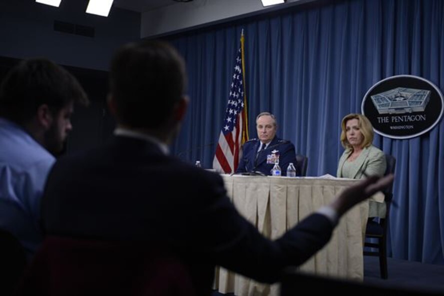 Air Force Chief of Staff Gen. Mark A. Welsh III and Secretary of the Air Force Deborah Lee James take questions during their, "State of the Air Force," press conference Jan. 15, 2015, in Washington, D.C. In her comments, James said we are the greatest Air Force in the world because of our Airmen. (U.S. Air Force photo/Scott M. Ash)
