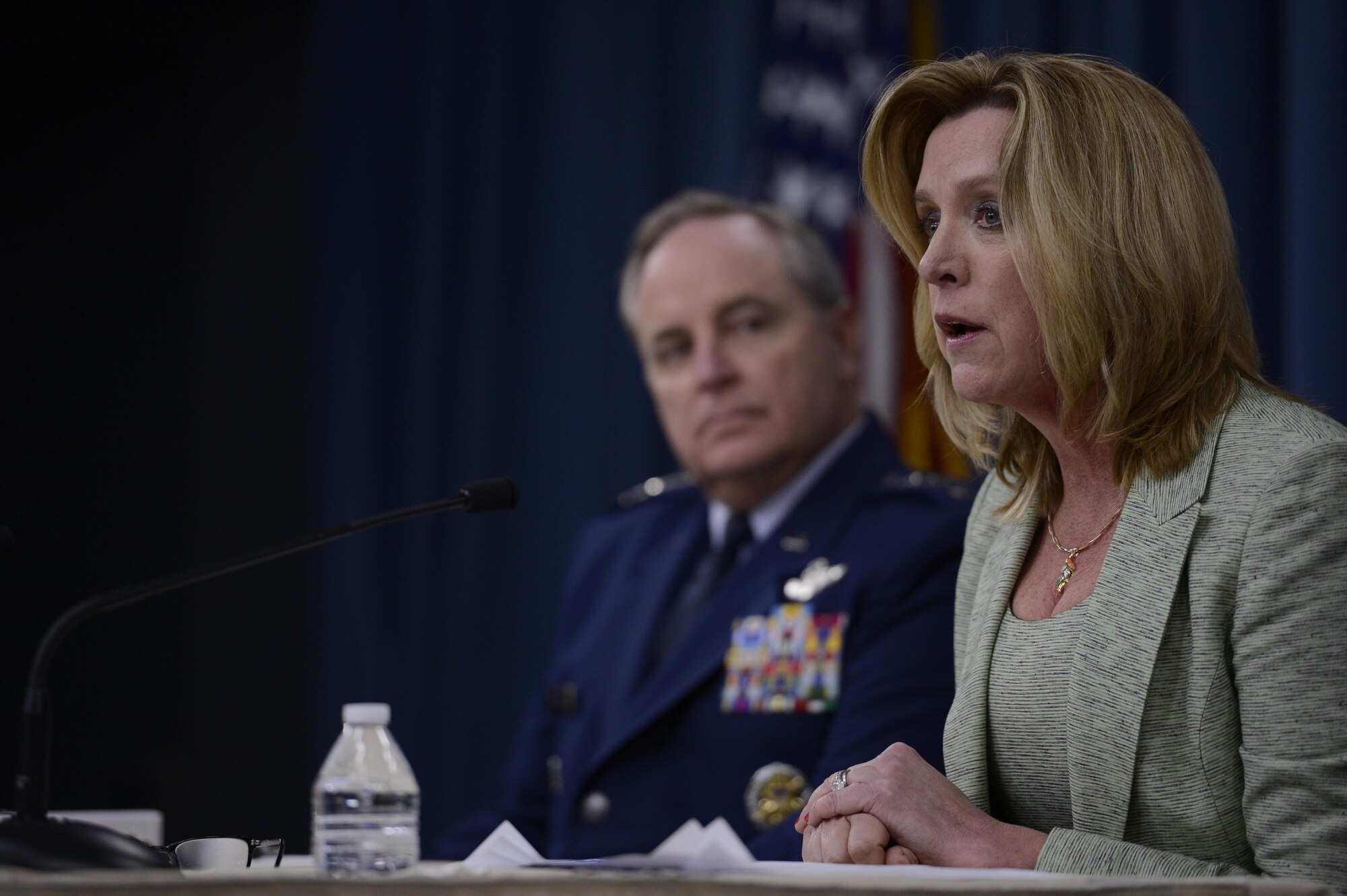 Air Force Chief of Staff Gen. Mark A. Welsh III and Secretary of the Air Force Deborah Lee James deliver their, "State of the Air Force," press conference Jan. 15, 2015, in Washington, D.C. In her comments, James said we are the greatest Air Force in the world because of our Airmen. (U.S. Air Force photo/Scott M. Ash)
