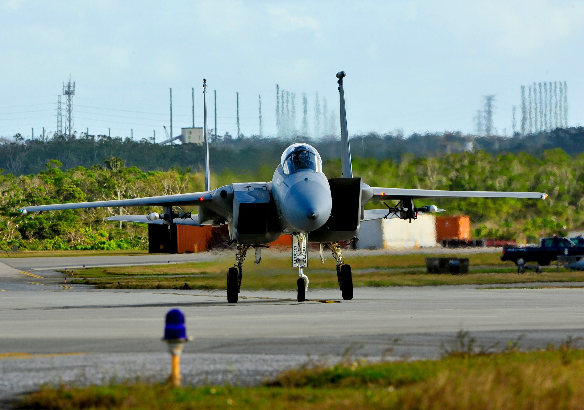 A U.S. Air Force F-15C Eagle from the 44th Fighter Squadron taxis on the Kadena Air Base, Japan, flightline, Jan. 15, 2015. Approximately 15 F-15C Eagles participated in the four-day training surge which began Jan. 12. (U.S. Air Force photo by Naoto Anazawa)

