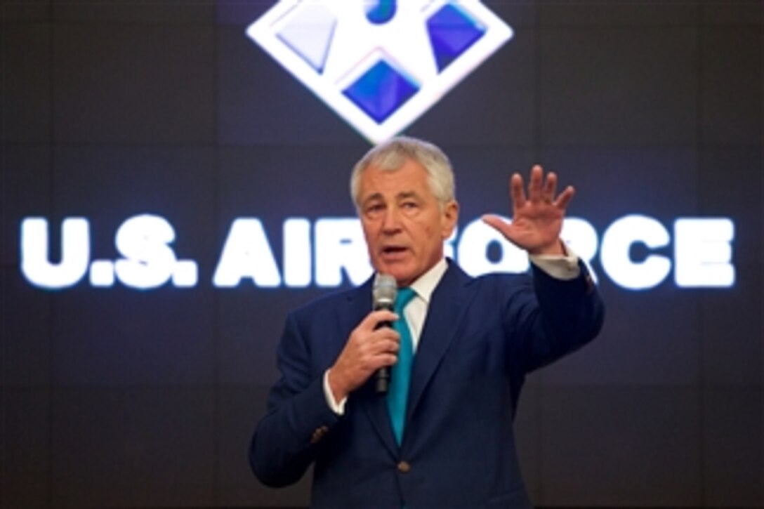Defense Secretary Chuck Hagel provides closing remarks at the U.S. Air Force Sexual Assault Prevention and Response Summit on Joint Base Andrews, Md., Jan. 16, 2015.