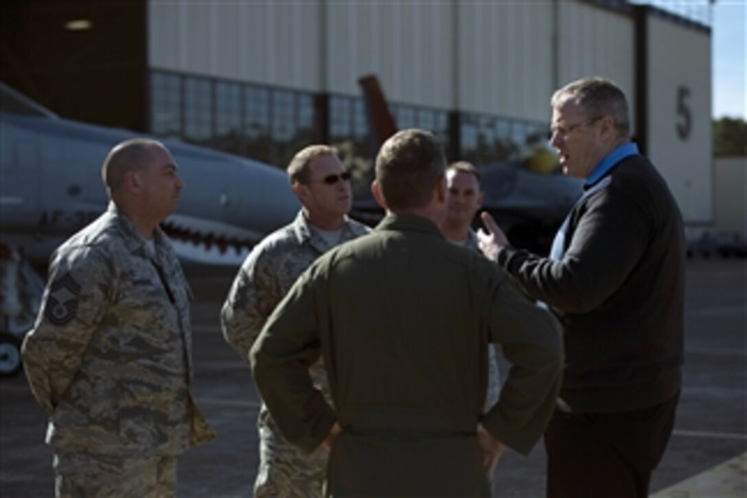 Deputy Defense Secretary Bob Work speaks with airmen of the 53rd Weapons Evaluation Group on Tyndall Air Force Base, Fla., Jan. 16, 2015. Secretary Work met with senior leadership and service members at Tyndall AFB and Naval Support Activity Panama City.