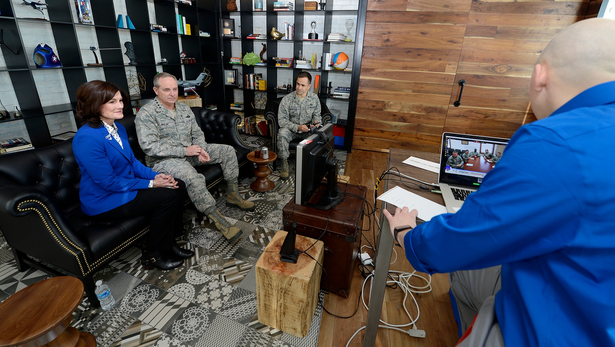 Air Force Chief of Staff Gen. Mark A. Welsh III and his wife, Betty, host a "hangout" with Christopher Fincham at the Google office in Washington, D.C., Jan. 16, 2015.  The Welsh's used the Google+ venue as a means to talk candidly with Airmen from across the globe.  Fincham is an Army sergeant first class who is in a yearlong Training with Industry Program.  (U.S. Air Force photo/Scott M. Ash)