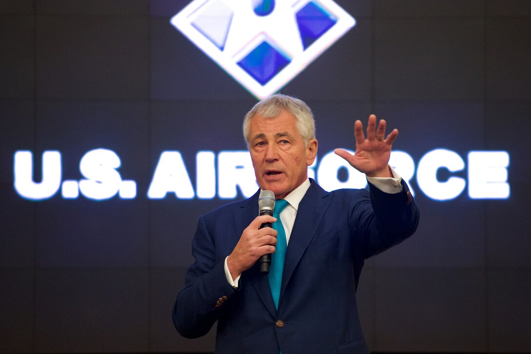 Defense Secretary Chuck Hagel provides closing remarks at the Air Force Sexual Assault Prevention Summit Jan. 16, 2015, on Joint Base Andrews, Md. (Department of Defense photo/ Casper Manlangit)  