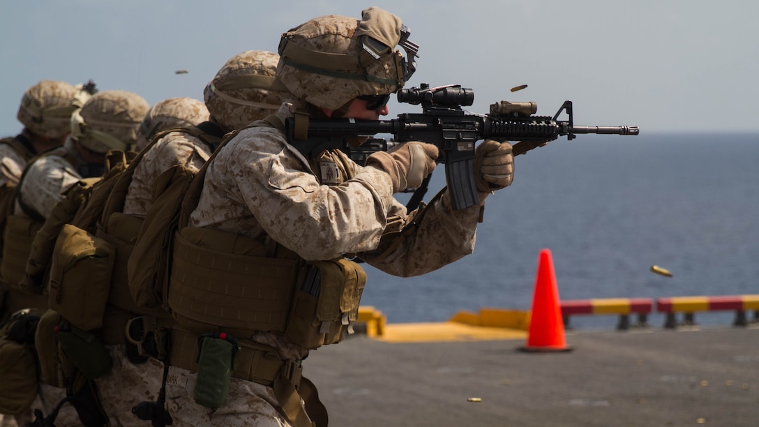 Marines from the 24th Marine Expeditionary Unit participate in a live-fire  exercise aboard the amphibious assault ship USS Iwo Jima (LHD 7), Jan. 18, 2015. The 24th MEU is embarked on the ships of the Iwo Jima Amphibious Ready Group and deployed to maintain regional security in the U.S. 5th Fleet area of operations. 