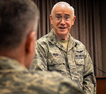 Chaplain (Brig. Gen.) Bobby Page, the Air Force Deputy Chief of Chaplains, speaks to Air Education and Training Command chaplains on the importance of personally engaging with Airmen, Jan. 15. AETC hosted a first-of-its-kind leadership summit for its chaplains, Jan. 13-16, to equip them with vital leadership tools for establishing viable ministry plans that will shape AETC ministries for years to come.  (U.S. Air Force photograph by 1st Lt. Jose R. Davis)