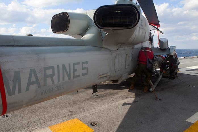 Marines with Marine Medium Tiltrotor Squadron 365 (Reinforced), 24th Marine Expeditionary Unit (MEU), load a 2.75-inch rocket into an LAU-68 rocket pod attached to an AH-1W Super Cobra aboard the USS Iwo Jima (LPD 7), Jan. 7, 2015. The 24th MEU and Iwo Jima Amphibious Ready Group are conducting naval operations in the U.S. 6th Fleet area of operations in support of U.S. national security interests in Europe. (U.S. Marine Corps photo by Lance Cpl. Austin A. Lewis/Released)