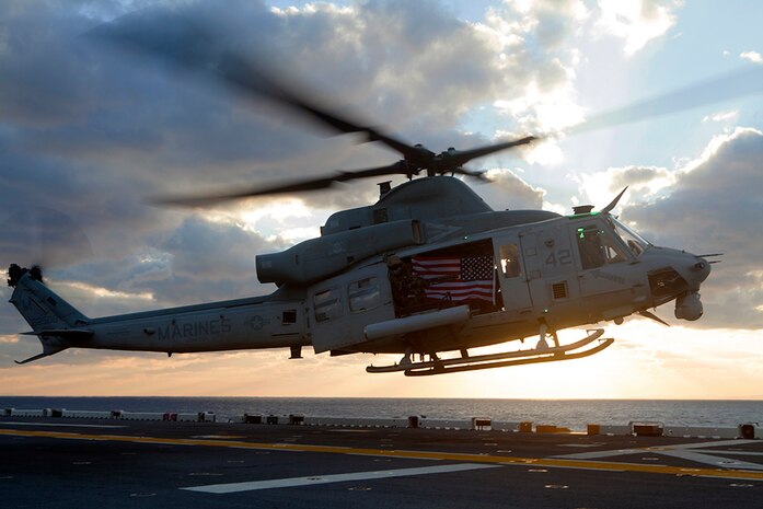 A UH-1Y Huey, assigned to Marine Medium Tiltrotor Squadron 365 (Reinforced), 24th Marine Expeditionary Unit (MEU), takes off from USS Iwo Jima (LPD 7), Jan. 7, 2015, in preparation for a live-fire exercise in the Mediterranean Sea. The 24th MEU and Iwo Jima Amphibious Ready Group are conducting naval operations in the U.S. 6th Fleet area of operations in support of U.S. national security interests in Europe. (U.S. Marine Corps photo by Lance Cpl. Austin A. Lewis/Released)