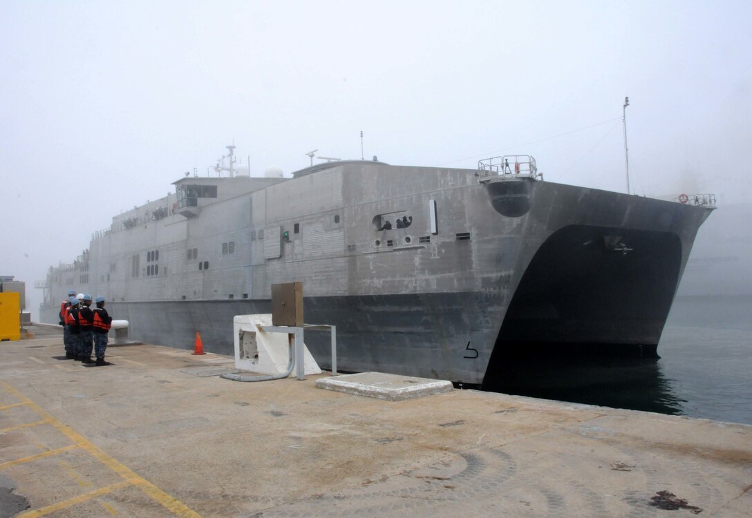 The joint high-speed vessel USNS Spearhead (JSV-1) arrives in Rota, Spain, for a scheduled port visit Jan. 6, 2015. Spearhead is on a scheduled deployment to the U.S. 6th Fleet area of operations to support the international collaborative capacity-building program Africa Partnership Station. (U.S. Navy photo by Mass Communication Specialist 2nd Class Grant Wamack/Released)