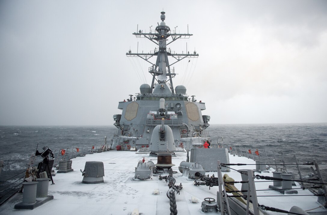 USS Donald Cook (DDG 75) transits the Black Sea, Jan. 7, 2015. Donald Cook, an Arleigh Burke-class guided-missile destroyer, forward-deployed to Rota, Spain, is conducting naval operations in the U.S. 6th Fleet area of operations in support of U.S. national security interests in Europe. (U.S. Navy photo by Mass Communication Specialist 2nd Class Karolina A. Oseguera/Released)