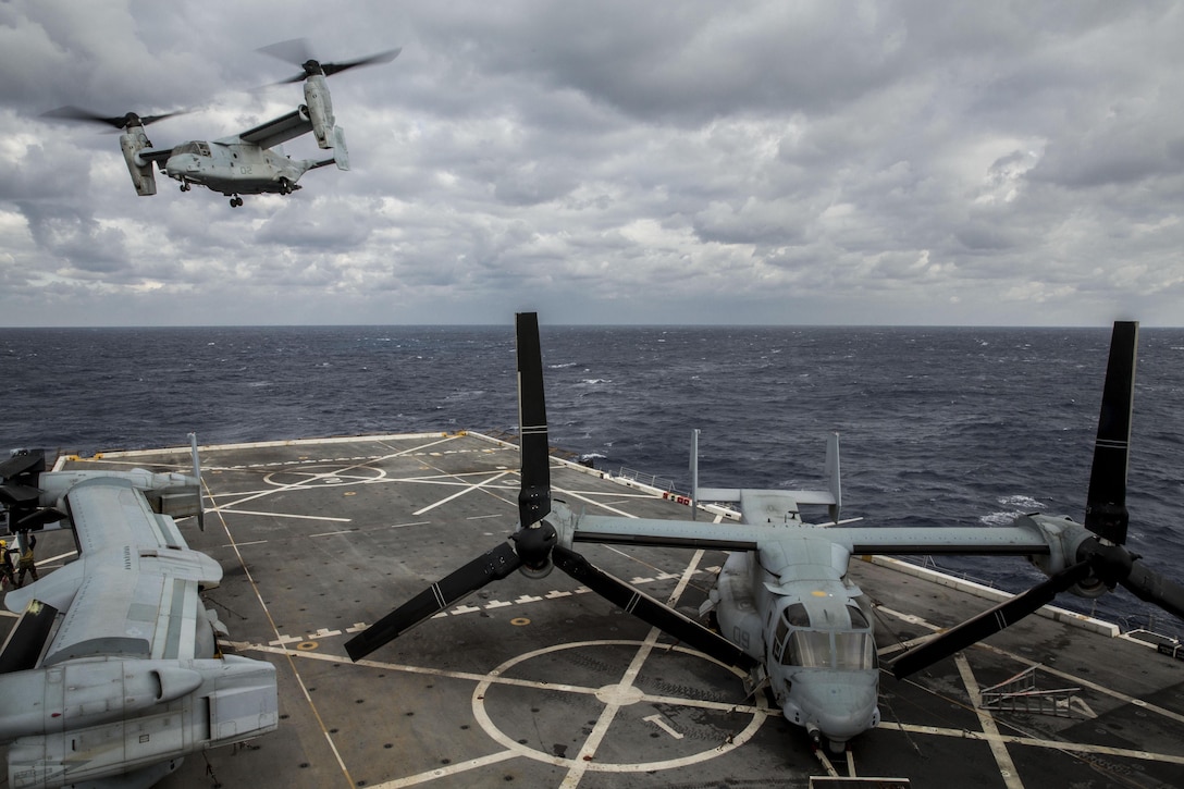 An MV-22B Osprey, assigned to Marine Medium Tiltrotor Squadron 365 (Reinforced), 24th Marine Expeditionary Unit, takes off from the flight deck aboard the USS New York, at sea, Jan. 5, 2015. The 24th MEU and Iwo Jima Amphibious Ready Group are conducting naval operations in the U.S. 6th Fleet area of operations in support of U.S. national security interests in Europe. (U.S. Marine Corps photo by Cpl. Todd F. Michalek)