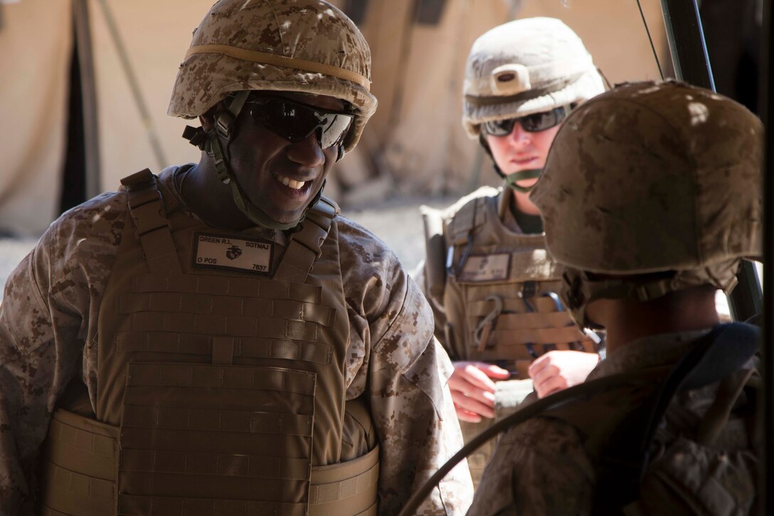 Commandant of the Marine Corps Gen. Joseph F. Dunford Jr. announced the selection of Sgt. Maj. Ronald L. Green as the next Sergeant Major of the Marine Corps, Jan. 20, 2015.  In this 2013 photo, U.S. Marine Corps Sgt. Maj Green, left, sergeant major, 1st Marine Expeditionary Force speaks with Marines participating in Exercise DESERT SCIMITAR during a battlefield circulation aboard Marine Corps Air Ground Combat Center Twentynine Palms, Calif., May 3, 2013. 

