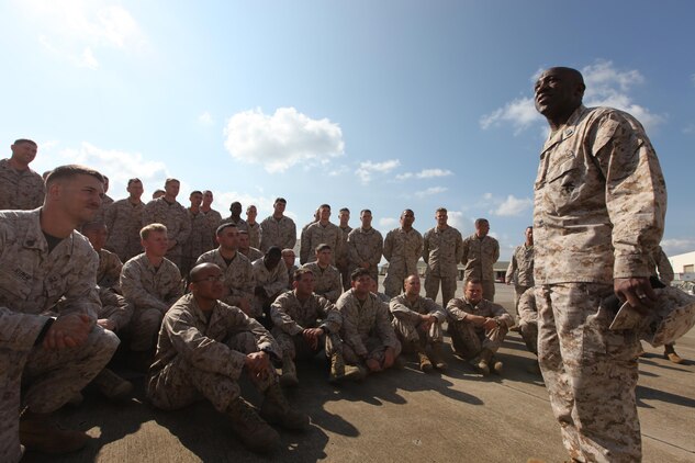 Commandant of the Marine Corps Gen. Joseph F. Dunford Jr. announced the selection of Sgt. Maj. Ronald L. Green as the next Sergeant Major of the Marine Corps, Jan. 20, 2015. In this 2011 image, Sgt. Maj. Ronald L. Green, then serving as the Marine Forces Africa sergeant major, speaks to a group of Special Purpose Marine Air Ground Task Force 12 Marines and sailors.