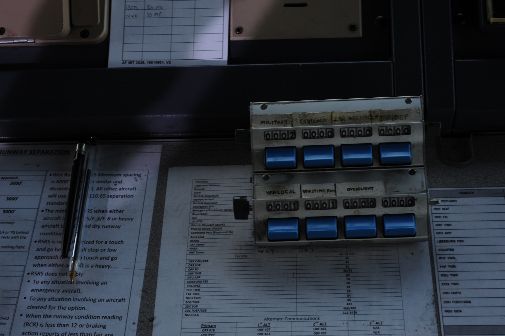 An aircraft traffic counter is one of the tools the 1st Operations Support Squadron air traffic control tower staff uses to support flying missions to and from Langley Air Force Base, Va., and the local area. The counter helps air traffic controllers keep track of flights arriving and departing as well as transitioning through Langley AFB’s airspace. The tracked flights are then reported to Air Combat Command headquarters to keep track of the unit’s logistics. (U.S. Air Force photo by Staff Sgt. Natasha Stannard/Released)