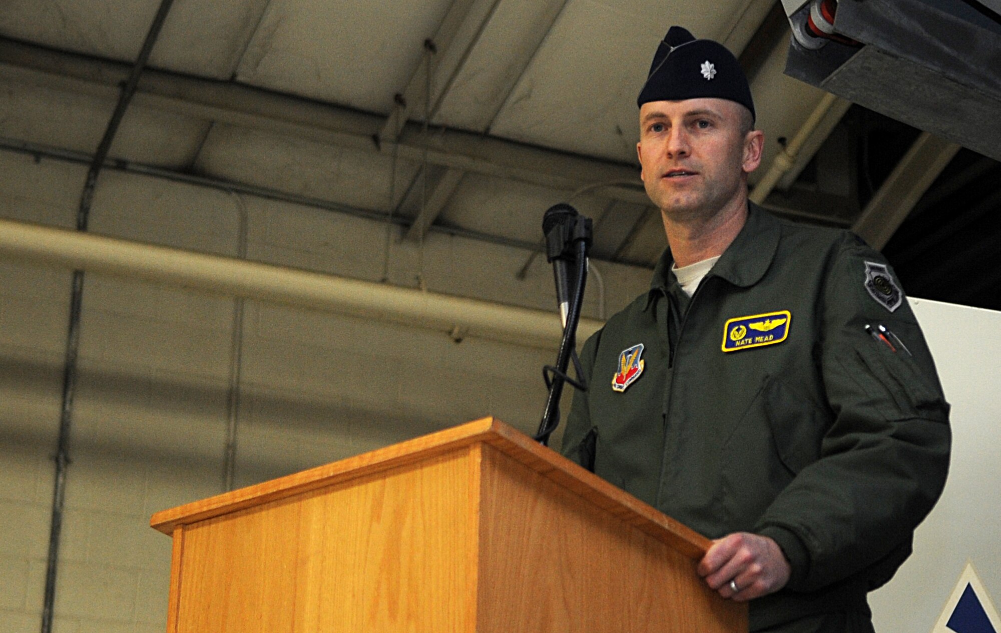 Lt. Col. Nathan Mead, 334th Fighter Squadron incoming commander, addresses the audience during a change of command ceremony at Seymour Johnson Air Force Base, North Carolina, Jan. 16, 2015. Lt. Col. Donn Yates, 334th FS outgoing commander, relinquished command to Mead during the ceremony. (U.S. Air Force photo/Senior Airman Ashley J. Thum)
