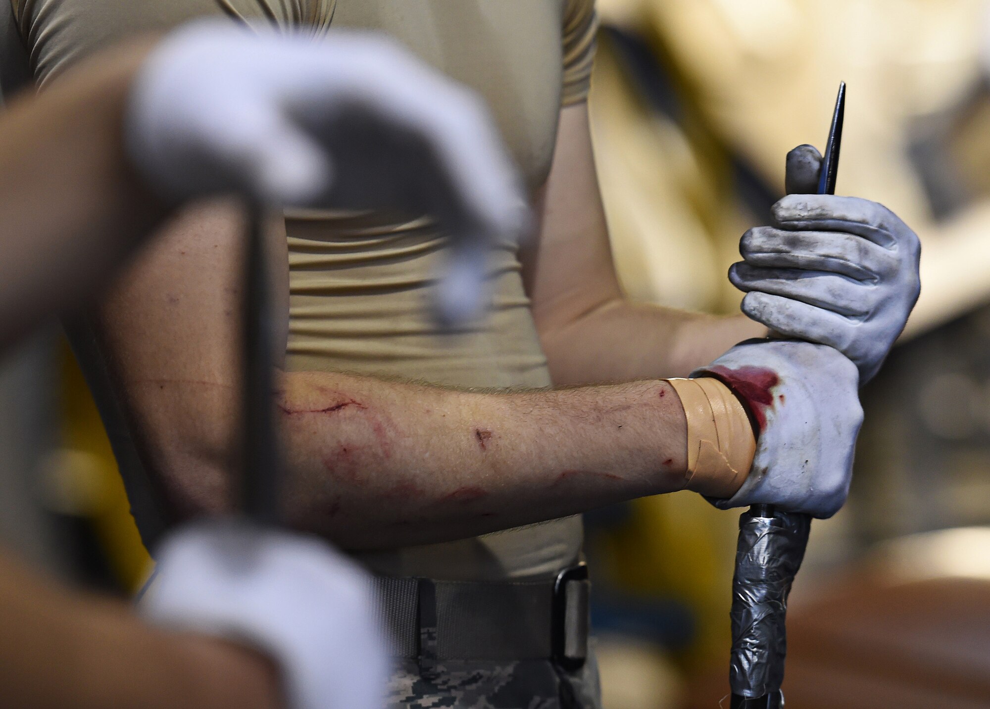 Airman 1st Class Jacob Wilson, United States Air Force honor guardsman, rests with his M1 Garand with a fixed bayonet during USAFHG Drill Team Training at Joint Base Anacostia-Bolling, Md., Jan. 13, 2015. Trainees risk getting cut with the 11-inch bayonet while practicing drill movements. (U.S. Air Force photo/ Senior Airman Nesha Humes)