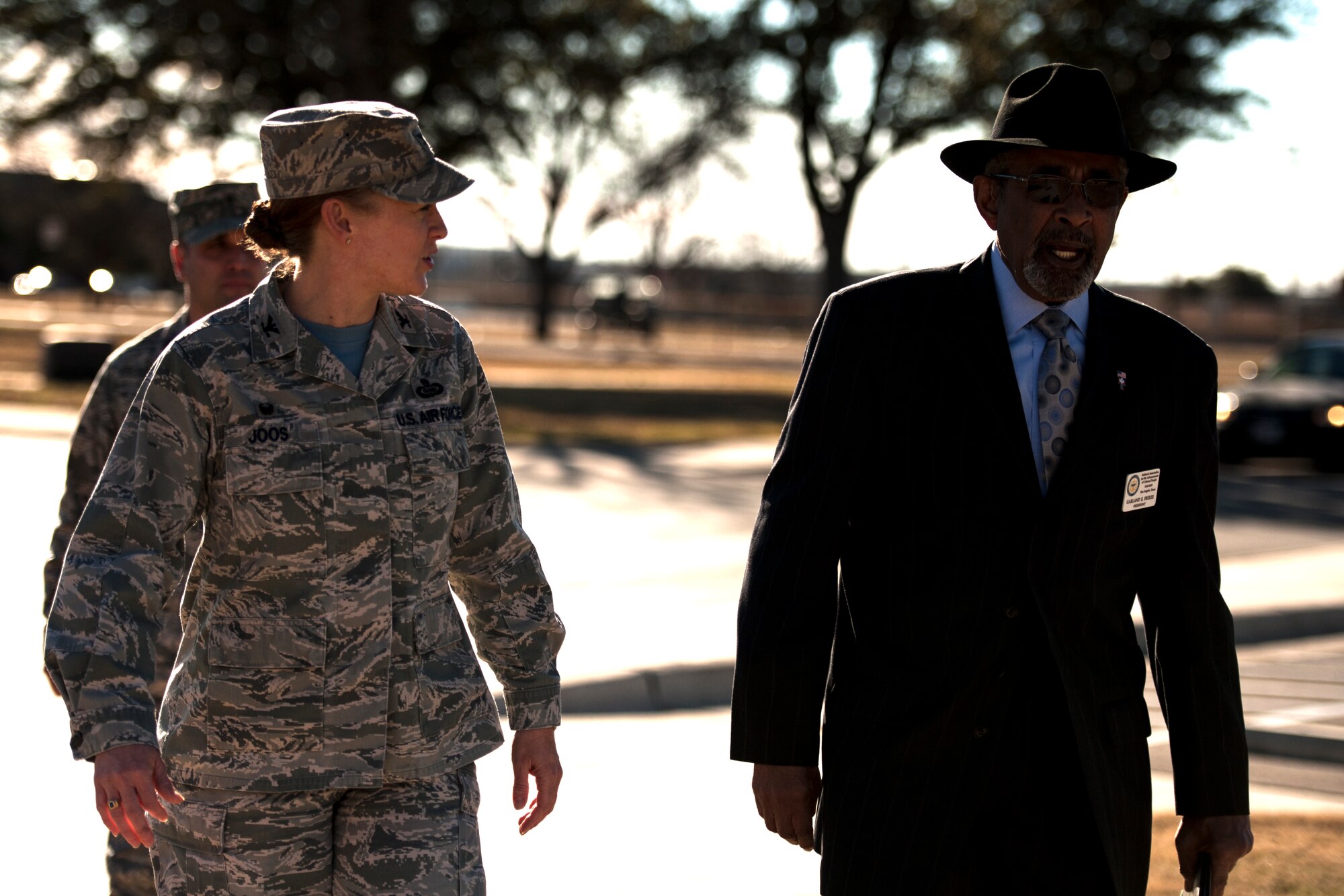 GOODFELLOW AIR FORCE BASE, Texas – Col. Kimberlee P. Joos, 17th Training Wing Commander, walks with Garland Freeze, Martin Luther King Jr. Day guest speaker, during The March on Goodfellow Air Force Base, Jan. 16. The march celebrated the legacy of Martin Luther King Jr., starting at the Norma Brown building and ending at the Taylor Chapel, where Freeze gave a speech.  (U.S. Air Force photo/ Airman 1st Class Scott Jackson)