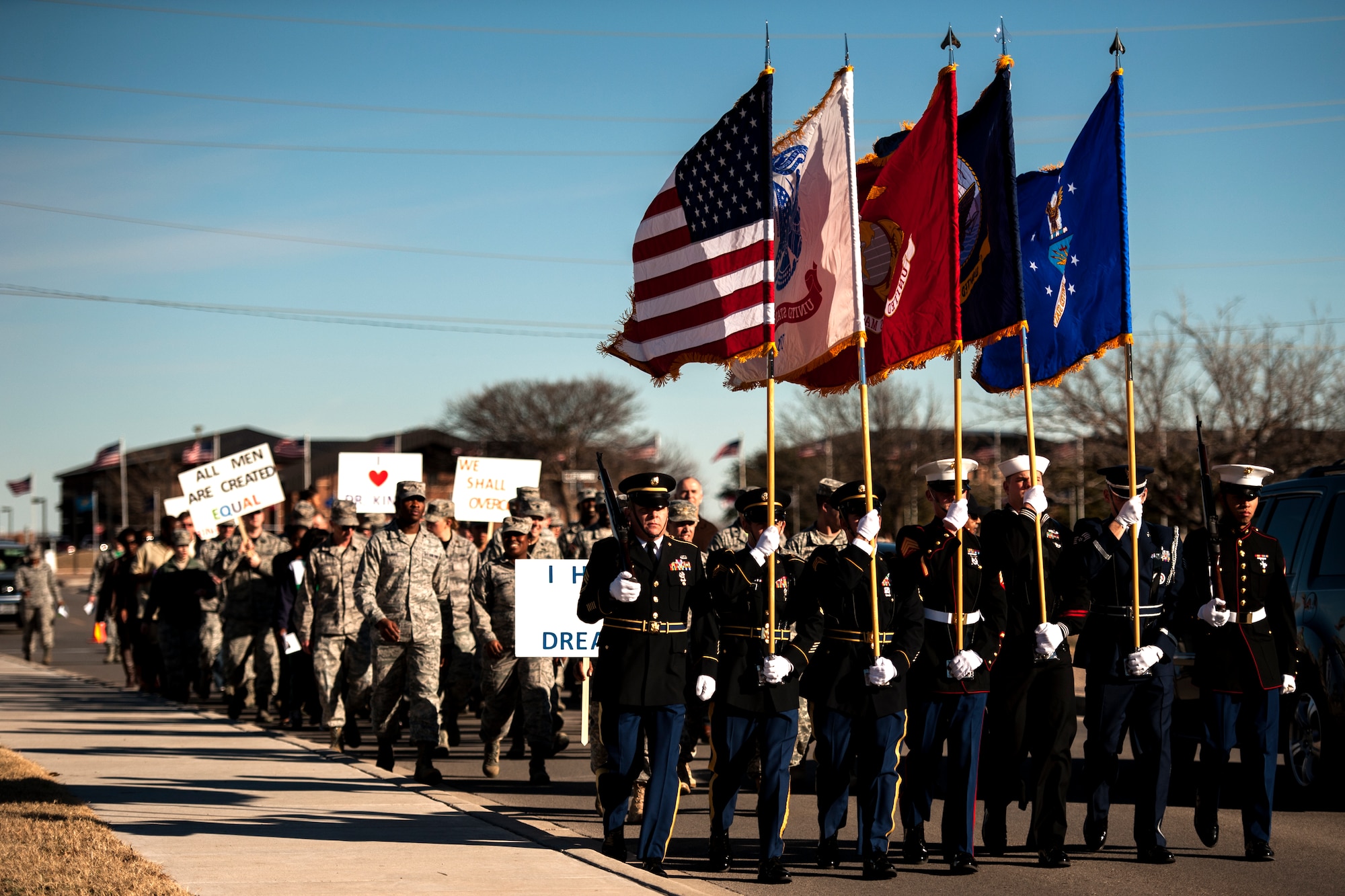 GOODFELLOW AIR FORCE BASE, Texas – Team Goodfellow members participate in The March on Goodfellow Air Force Base, Jan. 16. The march celebrated the legacy of Martin Luther King Jr. (U.S. Air Force photo/ Airman 1st Class Scott Jackson)