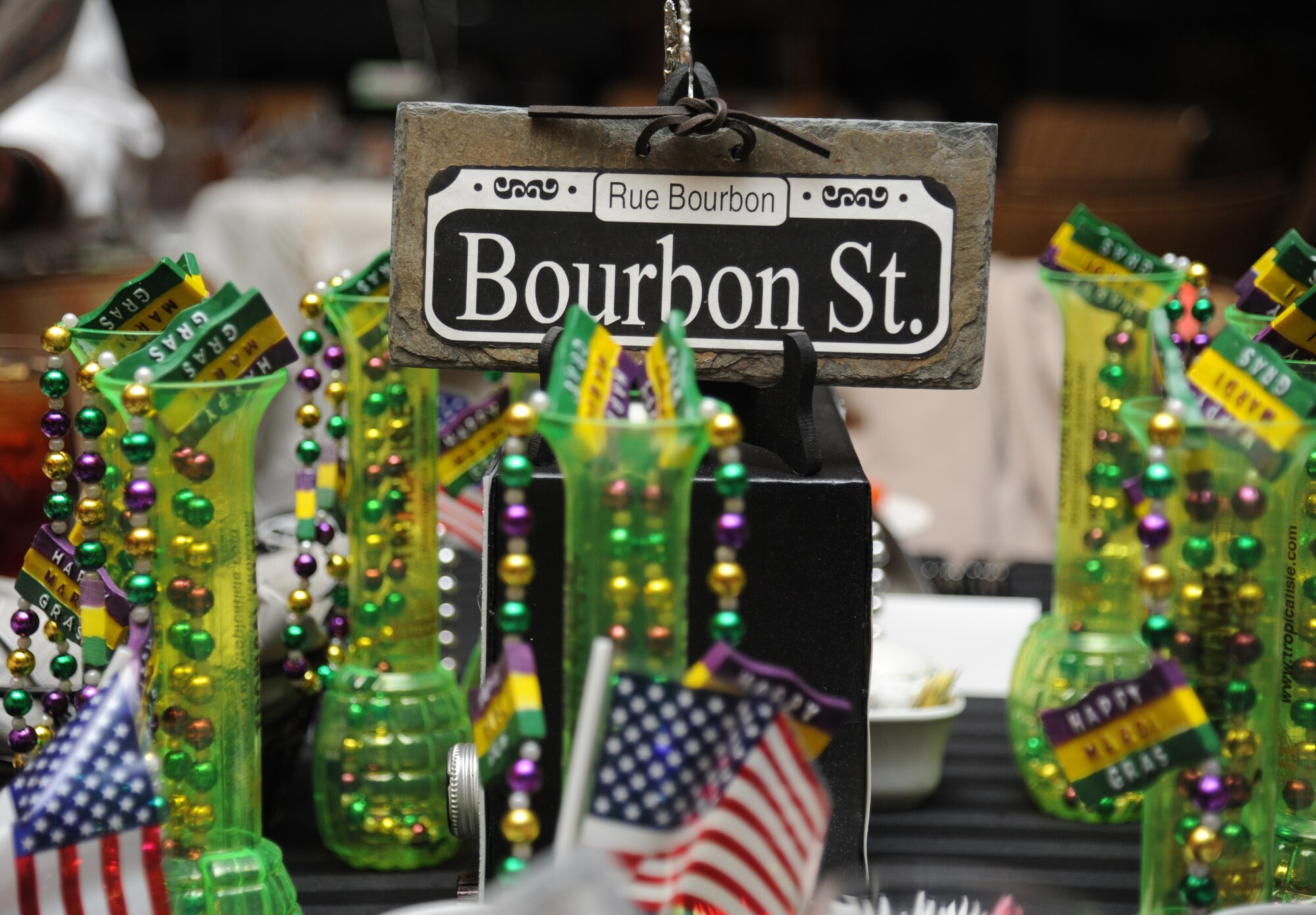 Festive decorations sit on display during the Keesler Medical Center’s 27th annual Krewe of Medics Mardi Gras Ball Jan. 17, 2015, at the Bay Breeze Event Center, Keesler Air Force Base, Miss.  The Krewe of Medics hosts a ball every year to give military personnel assigned to the Keesler Medical Center a taste of the South and an opportunity to experience a traditional Mardi Gras. The theme of this year's ball was TV Icons.  (U.S. Air Force photo by Kemberly Groue)