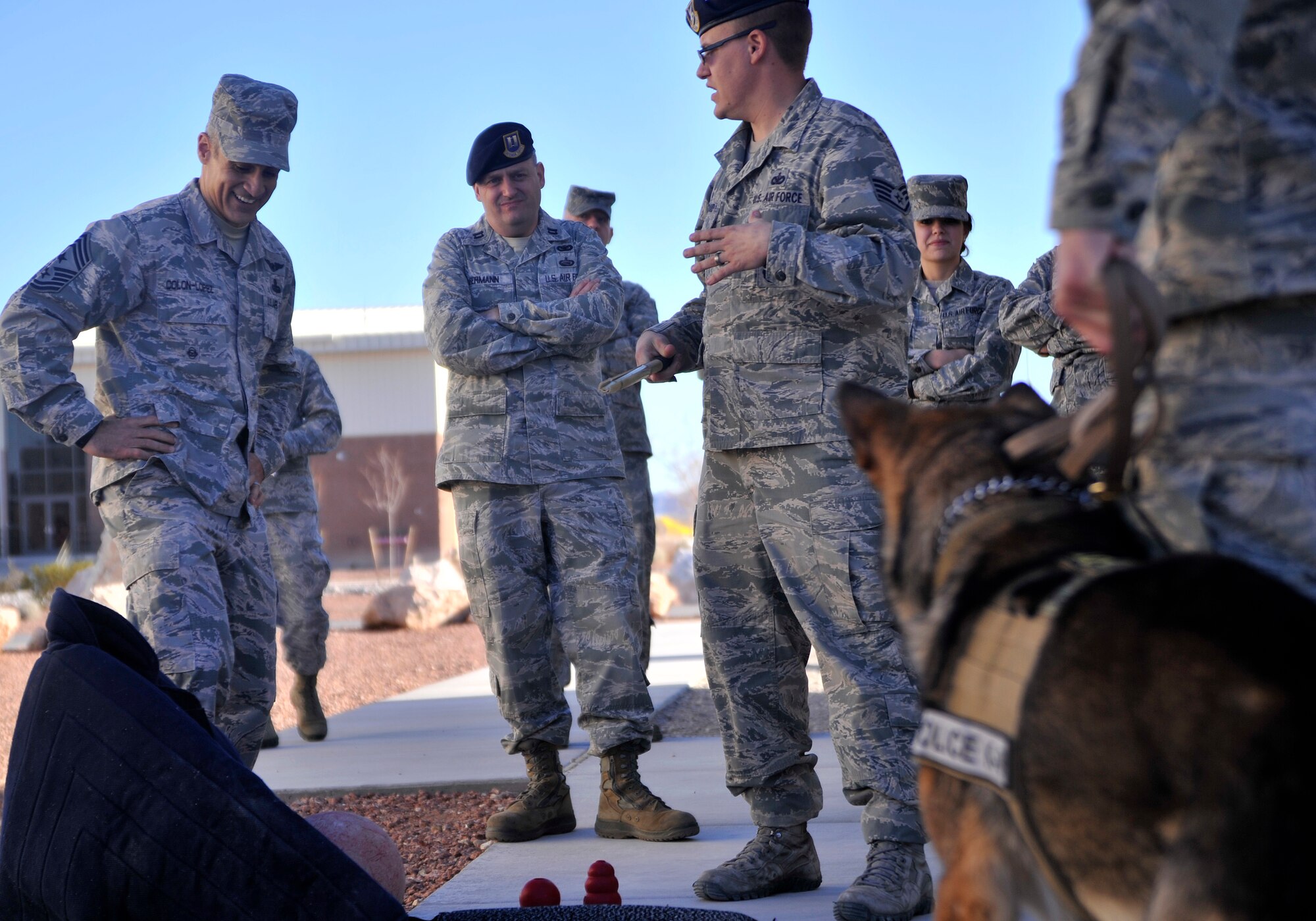 Staff Sgt. Christopher Michaud, 799th Security Forces Military Working Dog kennelmaster, center, briefs Chief Master Sgt. Ramon Colon-Lopez, U.S. Air Forces Central Command command chief, left, about the different equipment that MWD handlers use to train the K-9s during the chiefs visit Jan. 15, 2015, to Creech Air Force Base, Nevada. After the briefing the kennelmaster and MWD handlers provided a demonstration of how they operate in real-world situations. (U.S. Air Force photo by Airman 1st Class Christian Clausen/Released)
